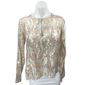 No Worries Cream Pink Floral Silk Metallic Long Sleeve Keyhole Blouse Top Size 2